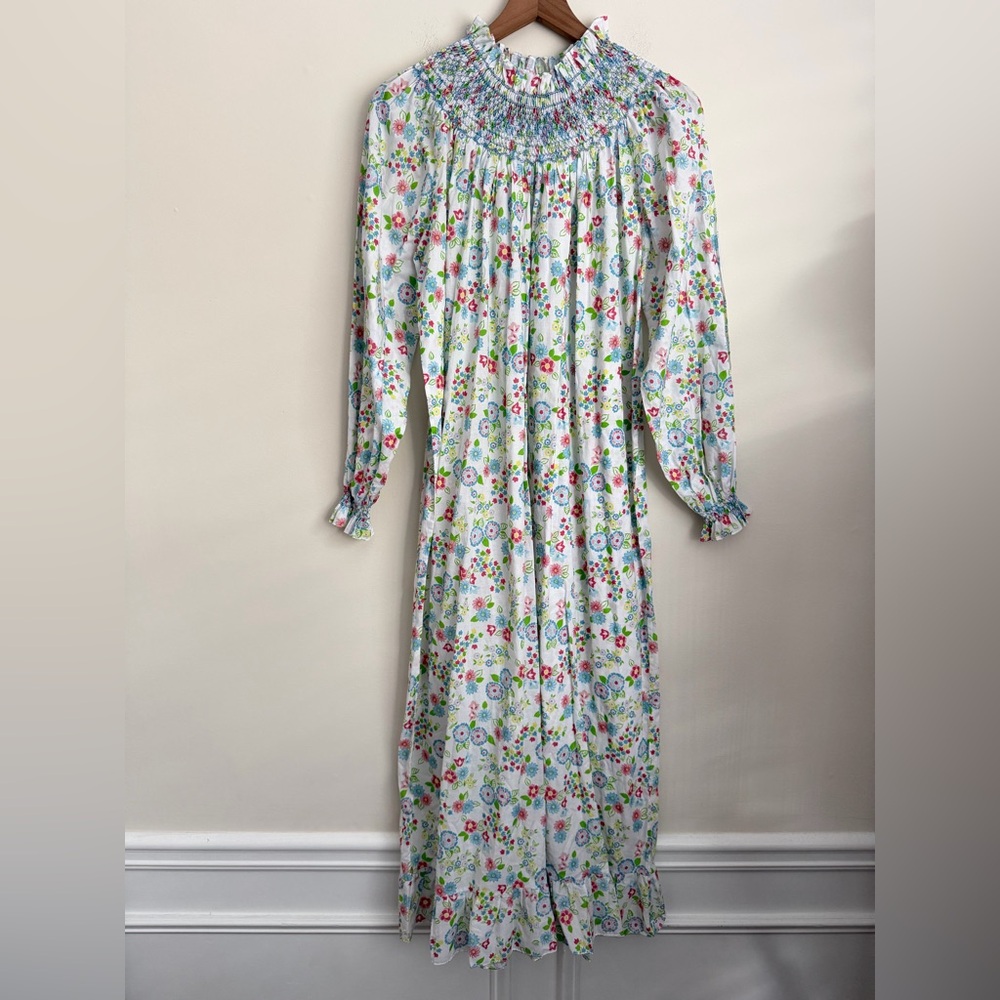 Loretta Caponi smocked floral print cotton maxi dress long sleeve prairie